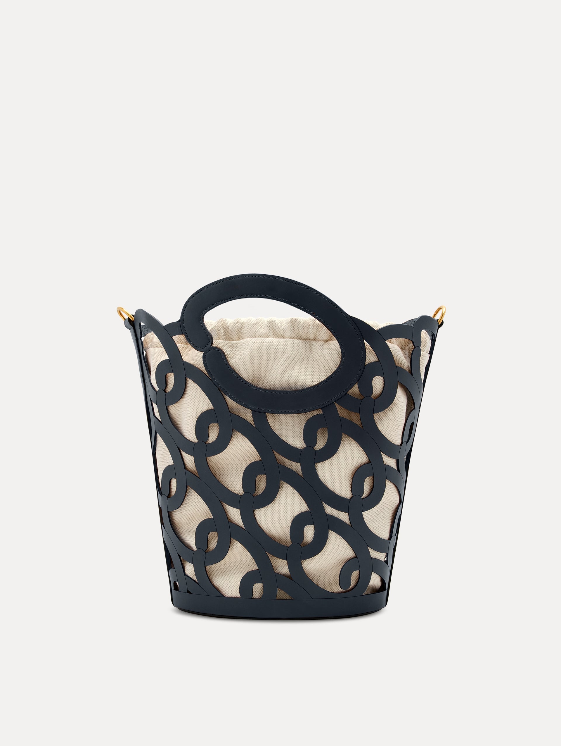 Navy Oscar Chain-Link Leather Tote, formed by interlocking 'O' emblems and a large 'O' forms the top handle, with a removable interior pouch. Front View