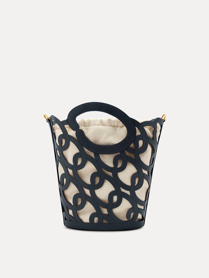 Navy Oscar Chain-Link Leather Tote, formed by interlocking 'O' emblems and a large 'O' forms the top handle, with a removable interior pouch. Front View