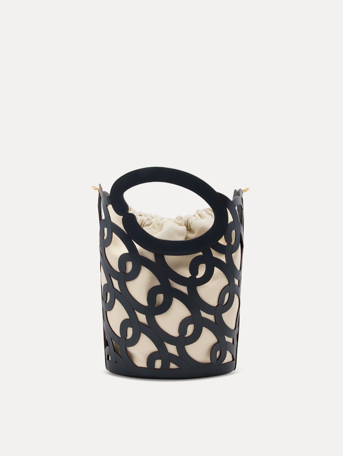 Navy Oscar Chain-Link Leather Tote, formed by interlocking 'O' emblems and a large 'O' forms the top handle, with a removable interior pouch. Side View
