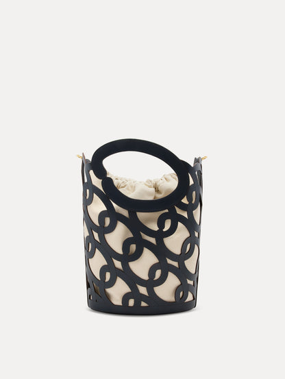 Navy Oscar Chain-Link Leather Tote, formed by interlocking 'O' emblems and a large 'O' forms the top handle, with a removable interior pouch. Side View