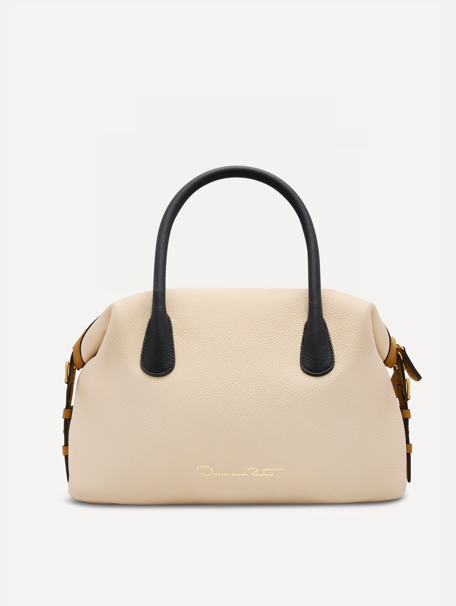 The Dahlia Handbag in Ivory with Black Top Handles. Adorned with Oscar de la Renta's signature logo in the bottom center of the back of the bag. Back View