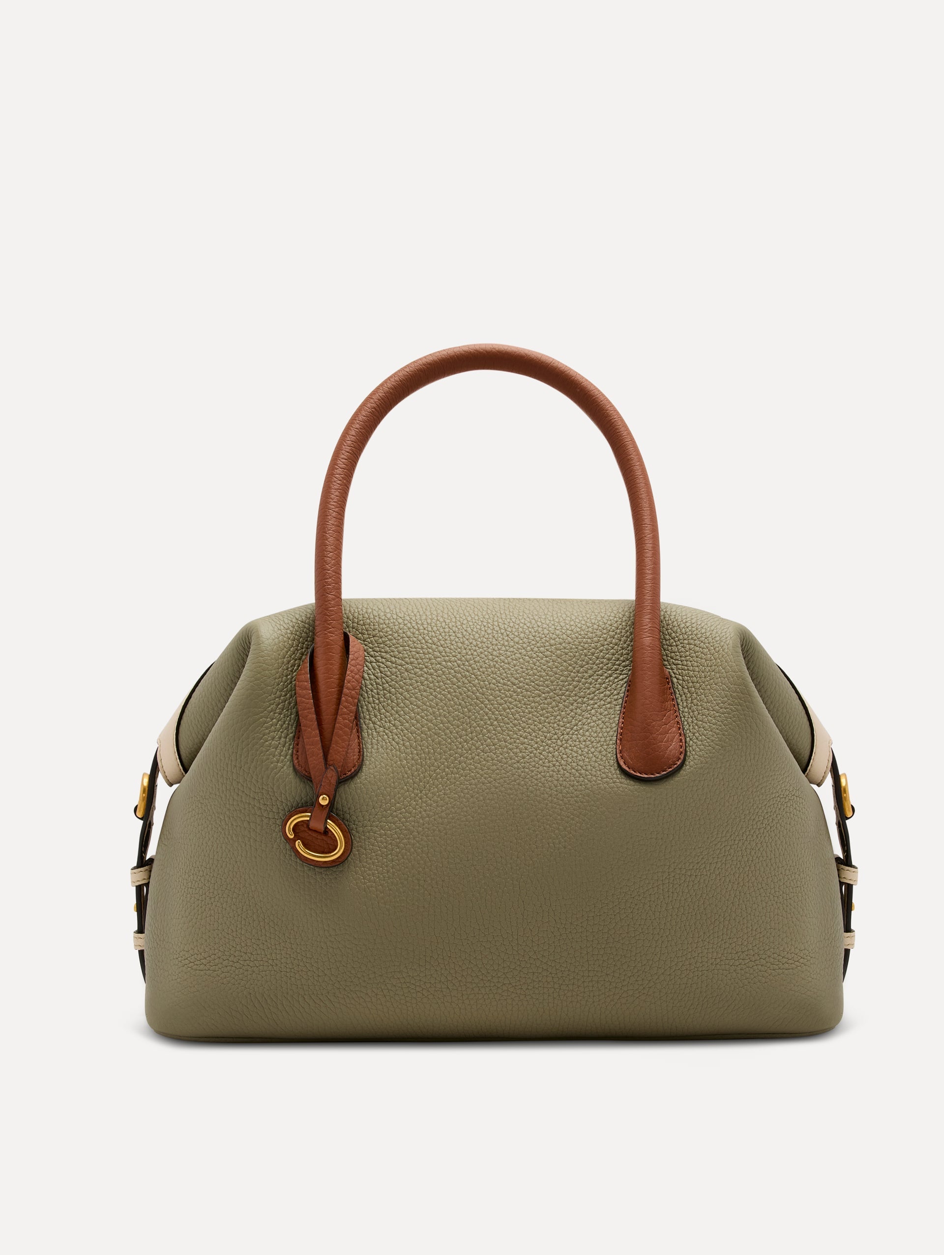 The Mini Dahlia Handbag in sage green with brown Top Handle. Adorned with Oscar de la Renta's signature O at the ornamental bag tag. Front View