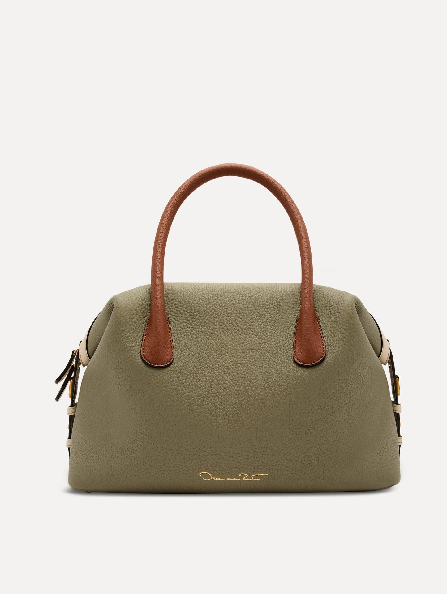 The Dahlia Handbag in sage green with brown Top Handle. Adorned with Oscar de la Renta's signature logo in the bottom center of the back of the bag. Back View.