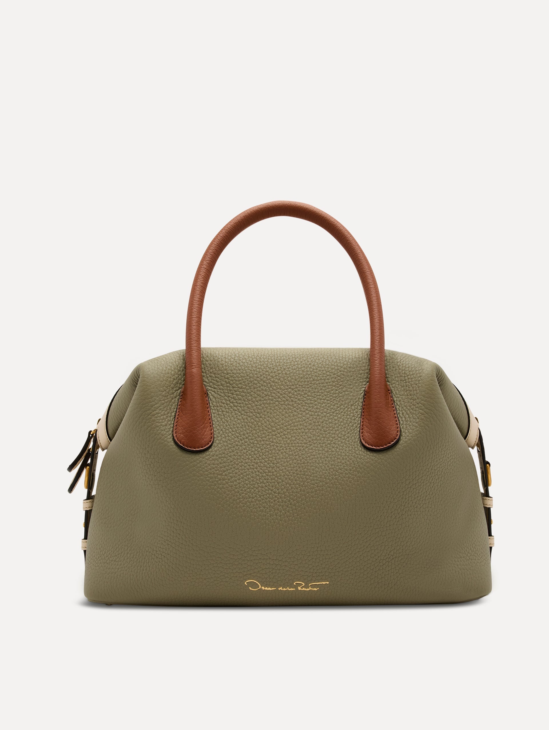 The Dahlia Handbag in sage green with brown Top Handle. Adorned with Oscar de la Renta's signature logo in the bottom center of the back of the bag. Back View.