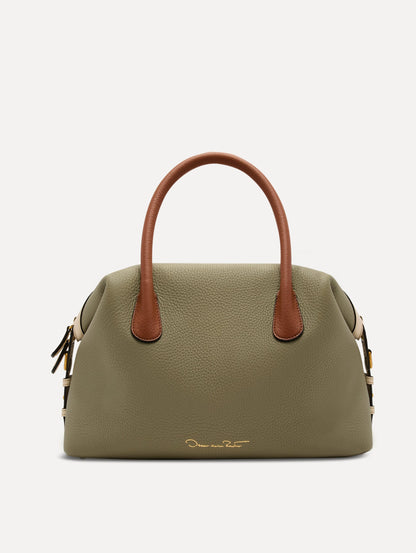 The Dahlia Handbag in sage green with brown Top Handle. Adorned with Oscar de la Renta's signature logo in the bottom center of the back of the bag. Back View.