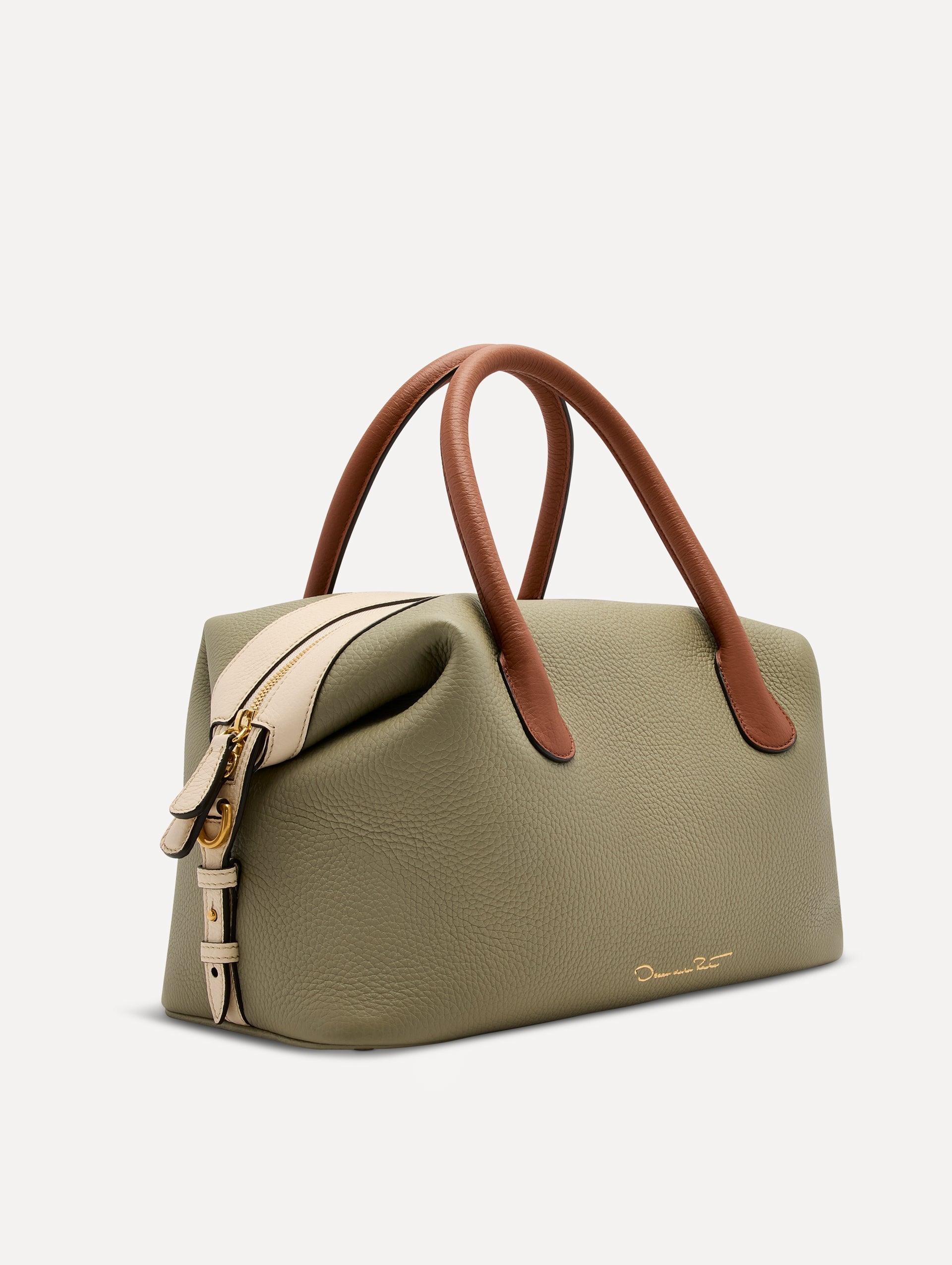 The Dahlia Handbag in sage green with brown Top Handle and ivory sides. Adorned with Oscar de la Renta's signature logo in the bottom center of the back of the bag. Side View.