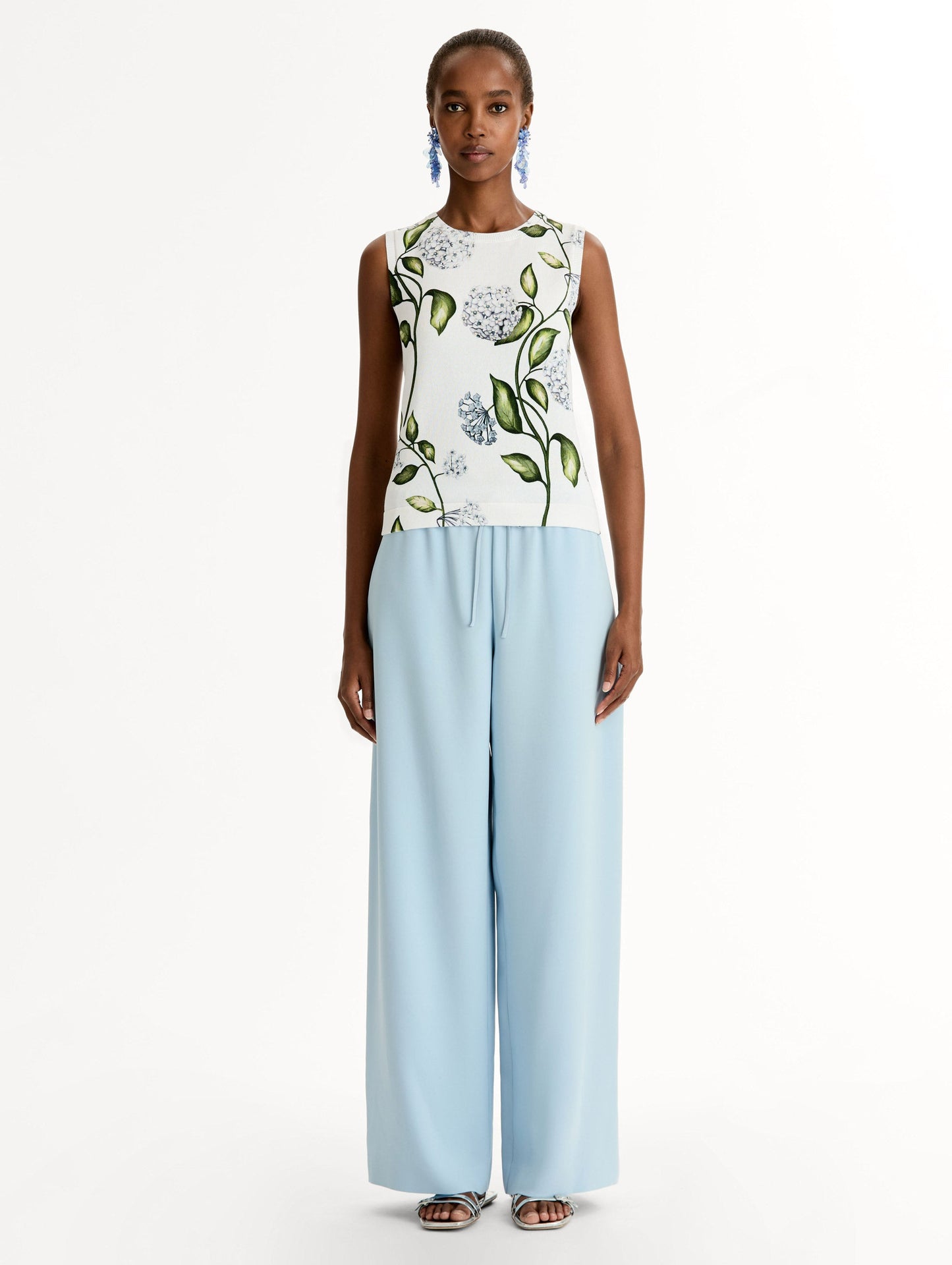 Classic ribbed-knit tank printed with the Porcelain Flower motif. Crew neckline and banded trim, sleeveless. Front View.