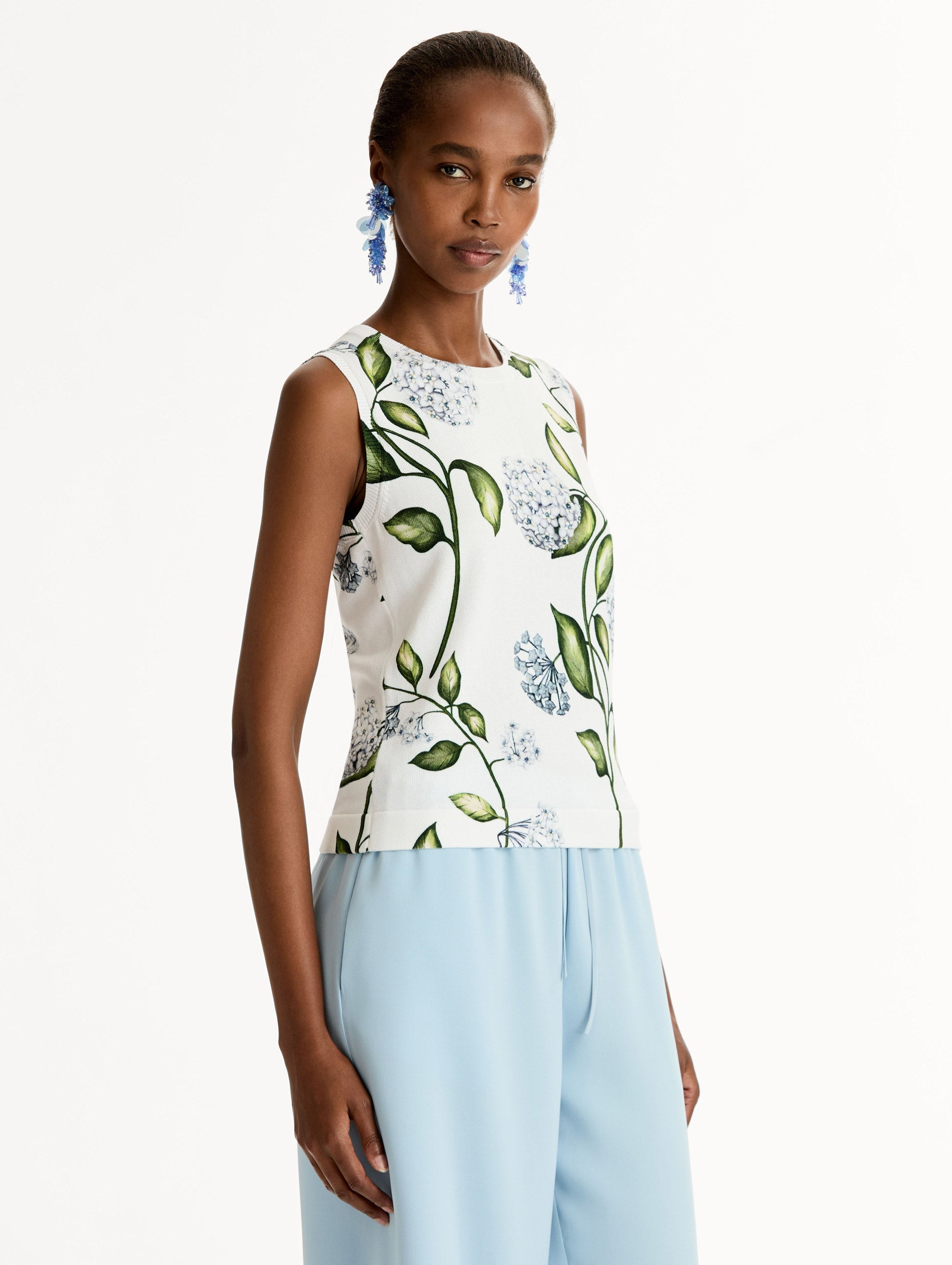 Classic ribbed-knit tank printed with the Porcelain Flower motif. Crew neckline and banded trim, sleeveless. Side View.