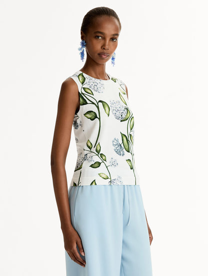 Classic ribbed-knit tank printed with the Porcelain Flower motif. Crew neckline and banded trim, sleeveless. Side View.