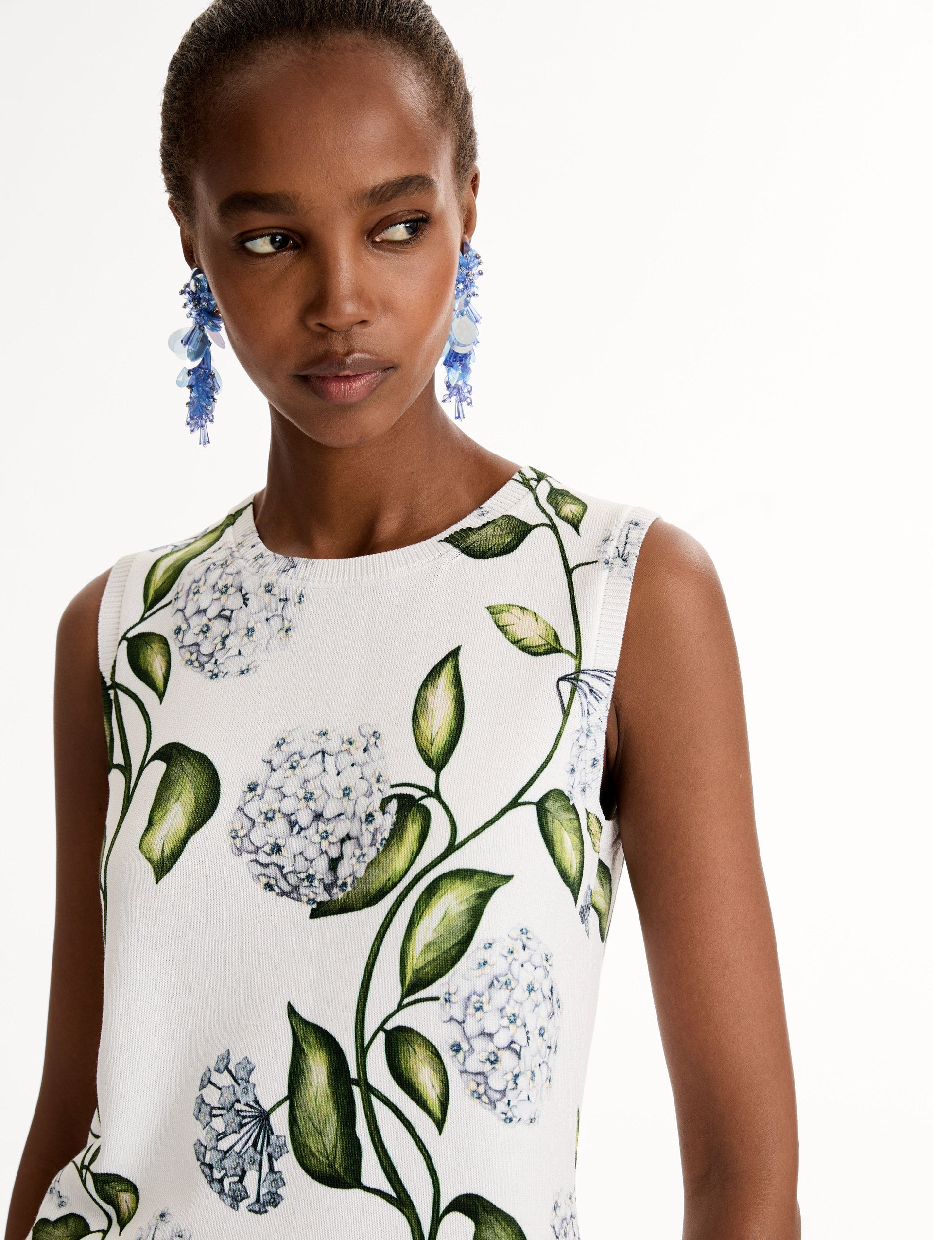 Classic ribbed-knit tank printed with the Porcelain Flower motif. Crew neckline and banded trim, sleeveless. Close Up View.
