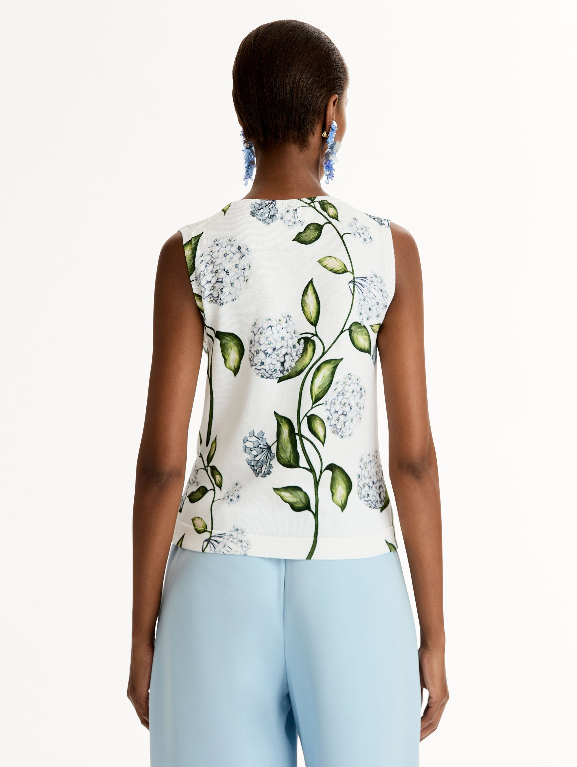 Classic ribbed-knit tank printed with the Porcelain Flower motif. Crew neckline and banded trim, sleeveless. Back View.