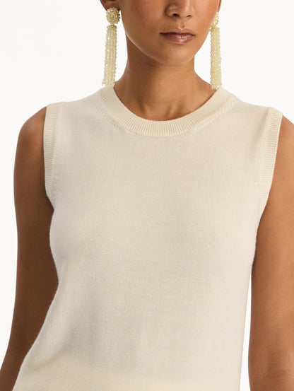Ivory Virgin Wool Tank featuring a crew neckline and ribbed hem. Zoom View.