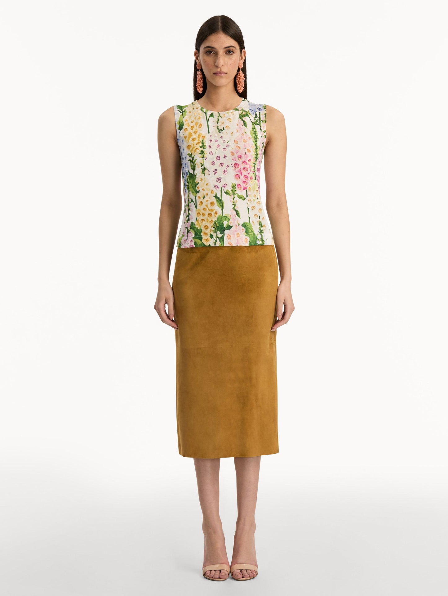 White Foxglove Printed Tank multicolor foxglove motifs in yellow, pink, and green. Front View.