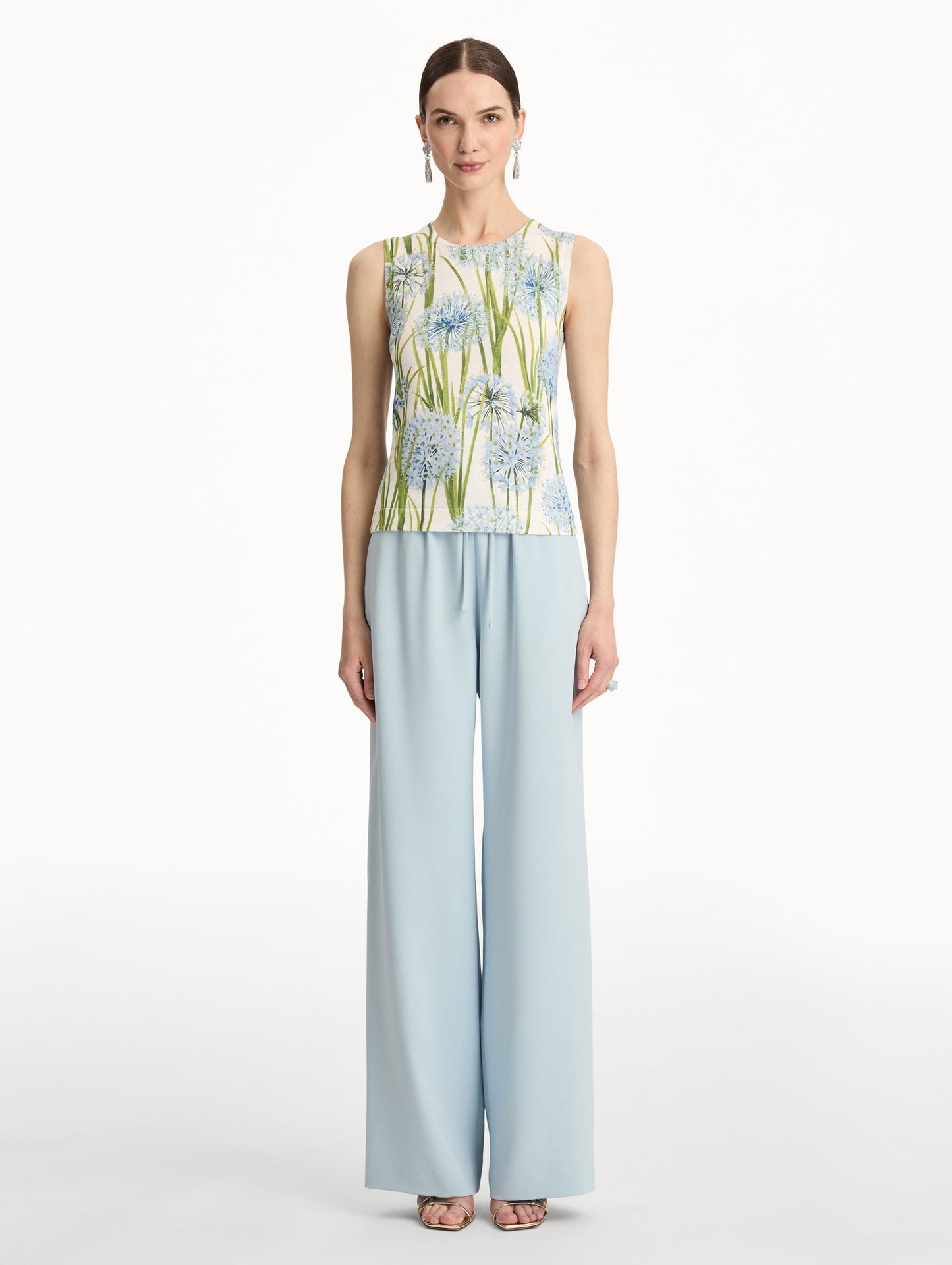 Ivory Allium Printed Tank with knit texture and blue and green floral motifs. Front View.