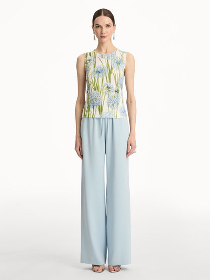 Ivory Allium Printed Tank with knit texture and blue and green floral motifs. Front View.
