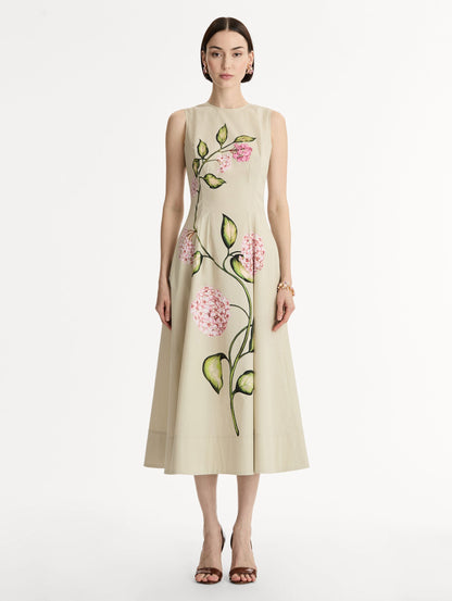 Halter neck, Cotton Poplin Sleeveless Midi Dress with vivid pink floral motif. Front View.