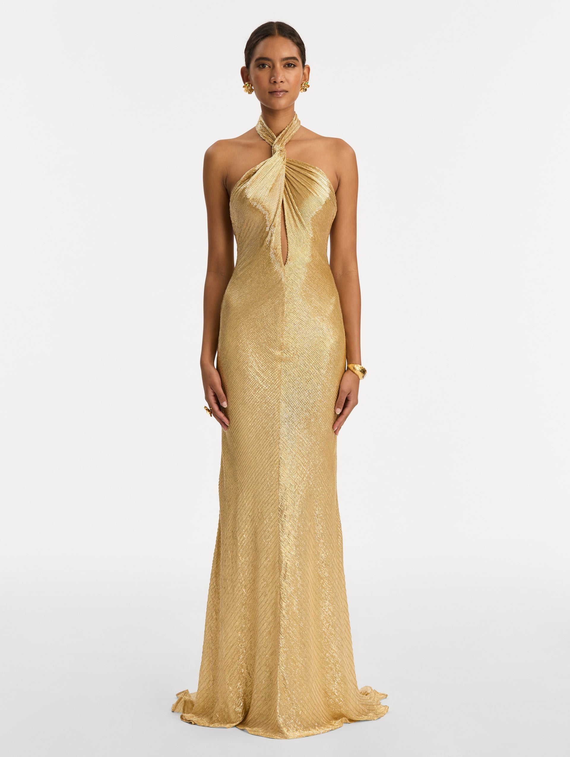 Gold Bugle Bead Lamé Gown with halter neck and key hole. Front View.