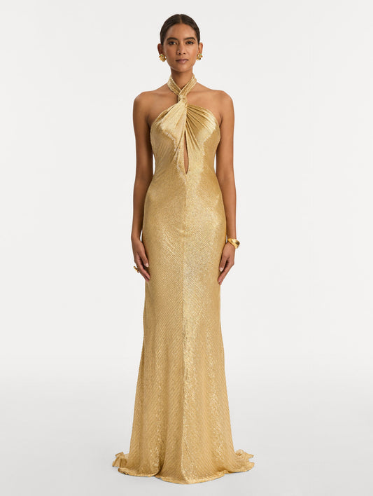 Gold Bugle Bead Lamé Gown with halter neck and key hole. Front View.