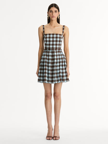 Ice Blue and Mahogany Gingham Cotton Poplin Sleeveless Mini Dress. Front View.