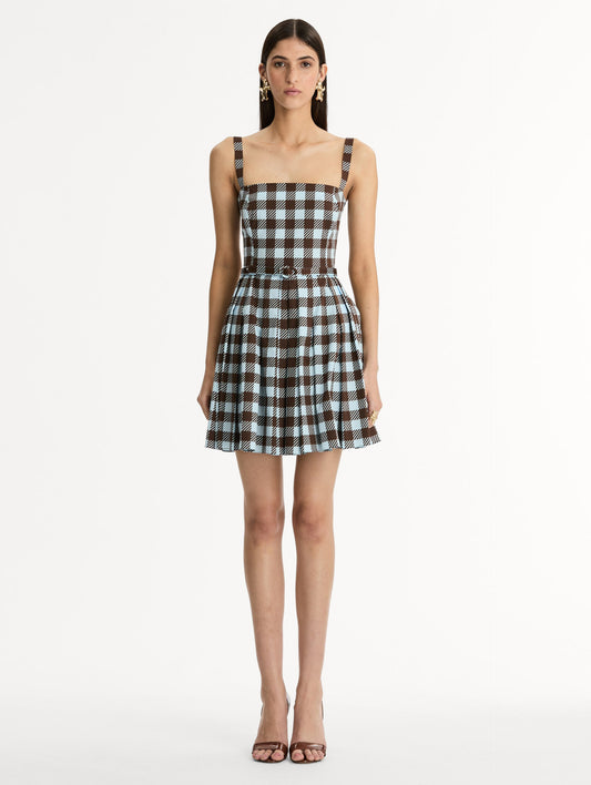 Ice Blue and Mahogany Gingham Cotton Poplin Sleeveless Mini Dress. Front View.