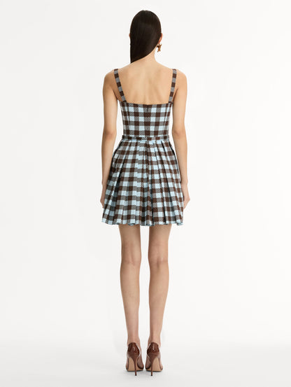 Ice Blue and Mahogany Gingham Cotton Poplin Sleeveless Mini Dress. Back View.