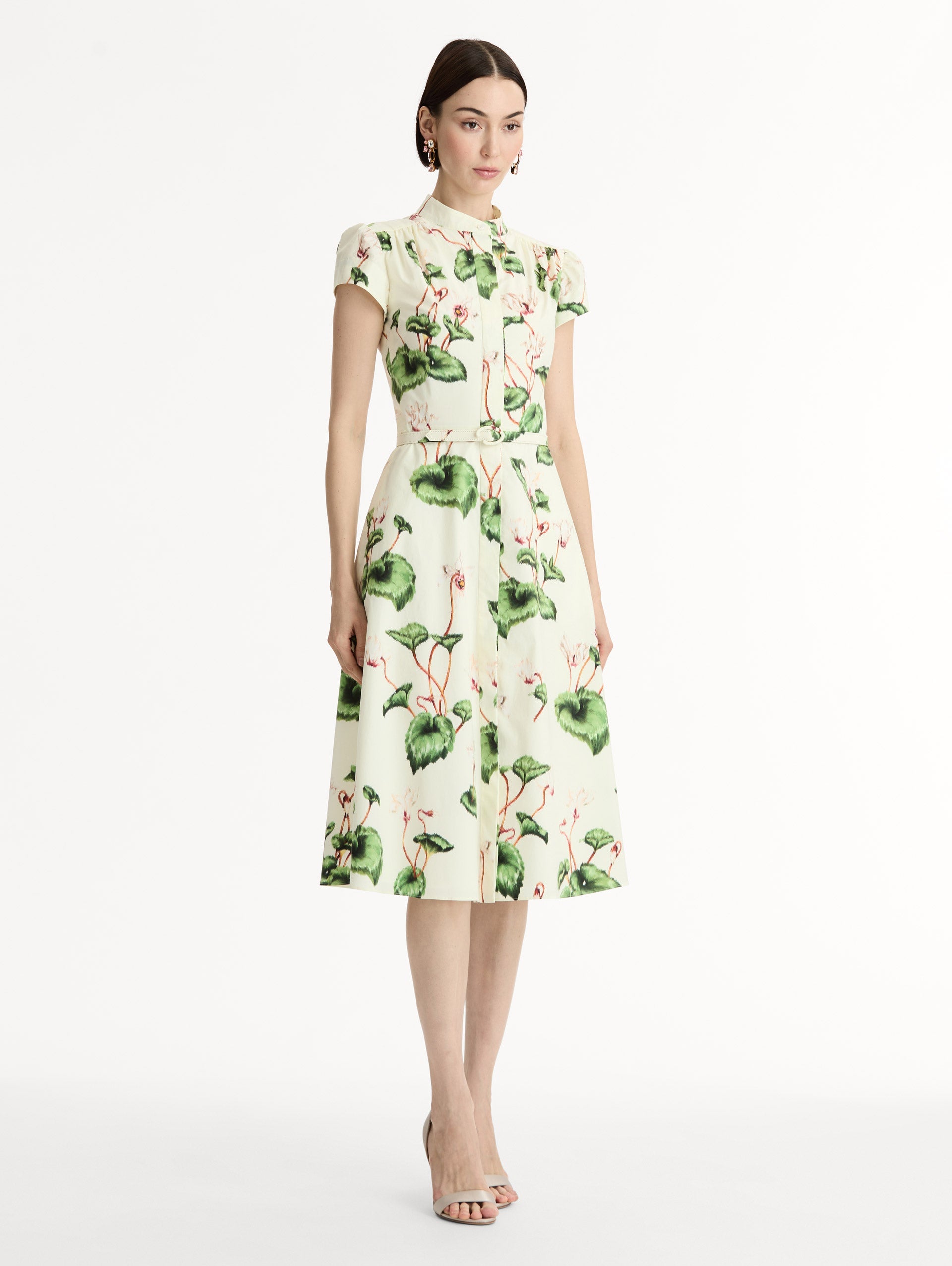 Ivory Chiné Cyclamen Cotton Poplin Cap Sleeve Dress. Side View.