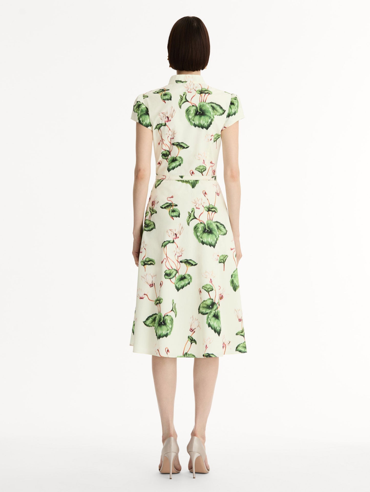 Ivory Chiné Cyclamen Cotton Poplin Cap Sleeve Dress. Back View.