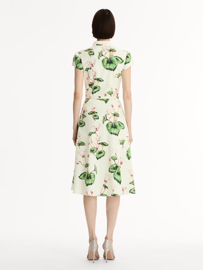 Ivory Chiné Cyclamen Cotton Poplin Cap Sleeve Dress. Back View.