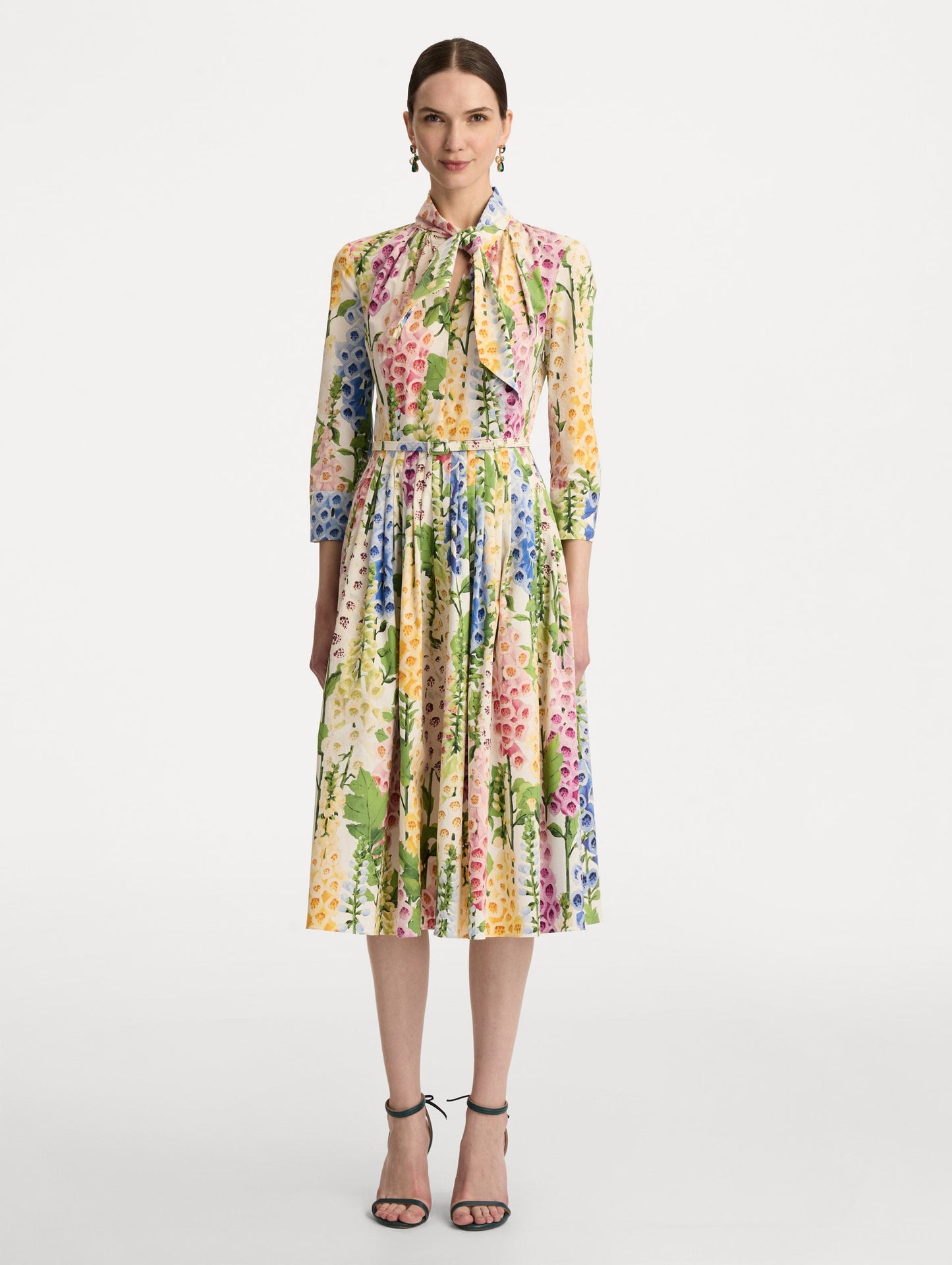 White Foxglove Cotton Poplin Tie-Neck Dress with belted waist and three-quarter length sleeves. Front View.