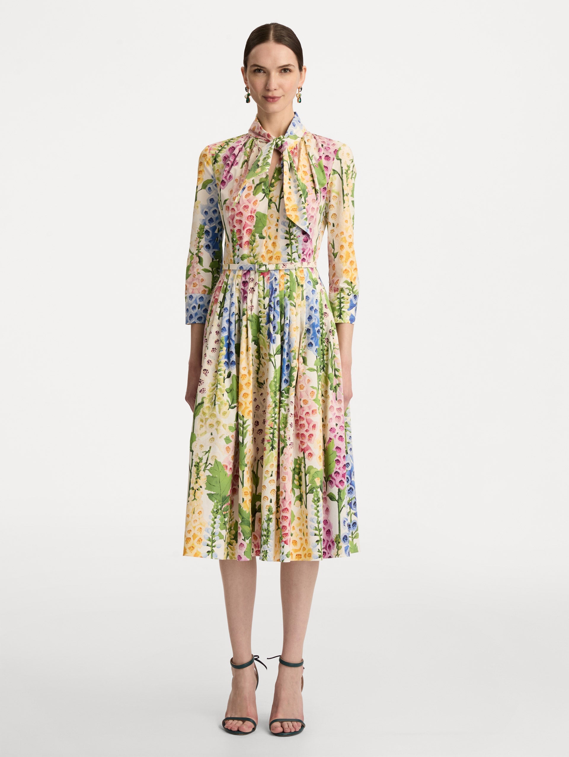 White Foxglove Cotton Poplin Tie-Neck Dress with belted waist and three-quarter length sleeves. Front View.