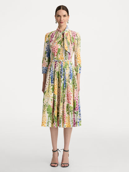 White Foxglove Cotton Poplin Tie-Neck Dress with belted waist and three-quarter length sleeves. Front View.
