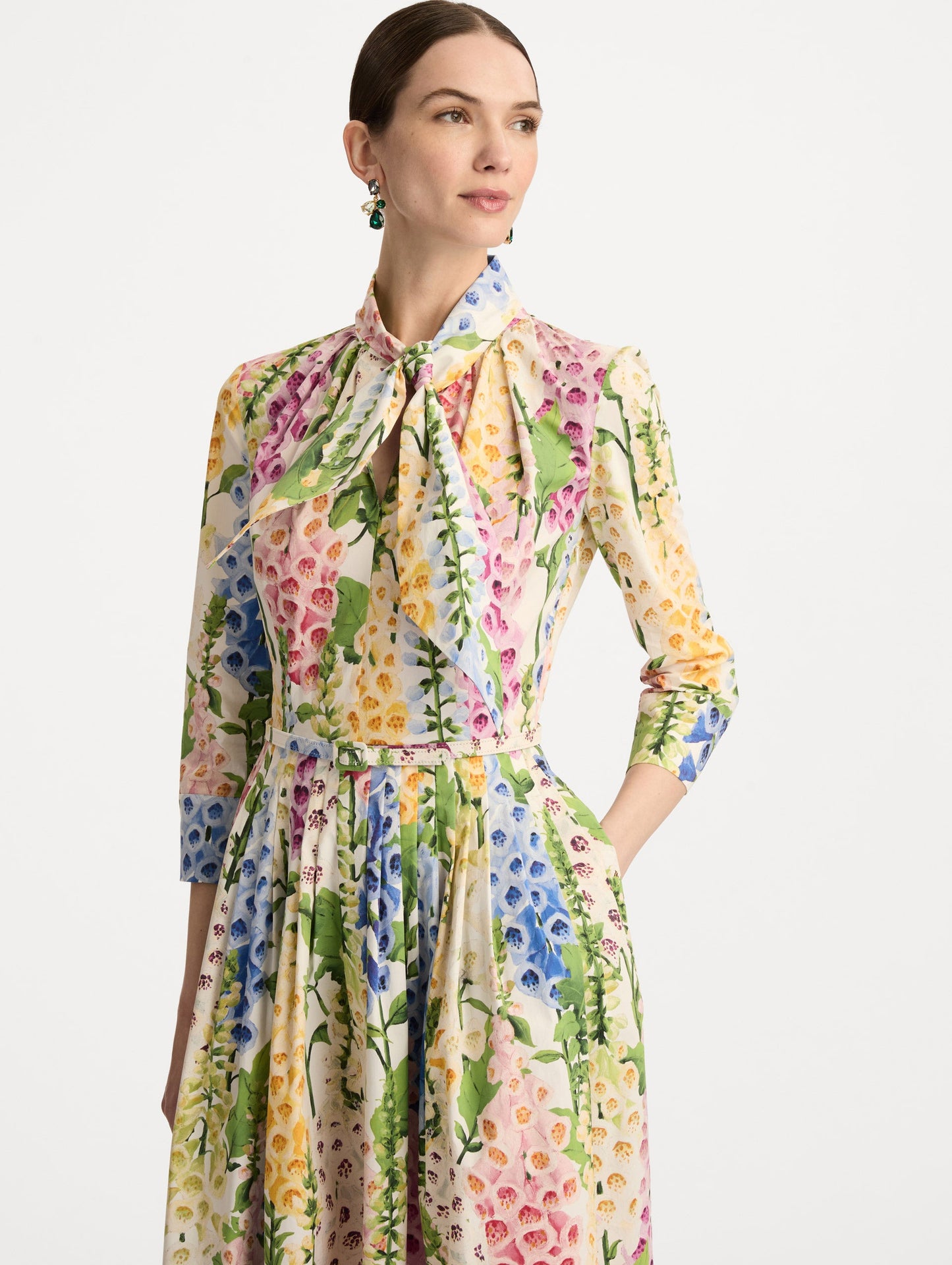 White Foxglove Cotton Poplin Tie-Neck Dress with belted waist and three-quarter length sleeves. Zoom View.