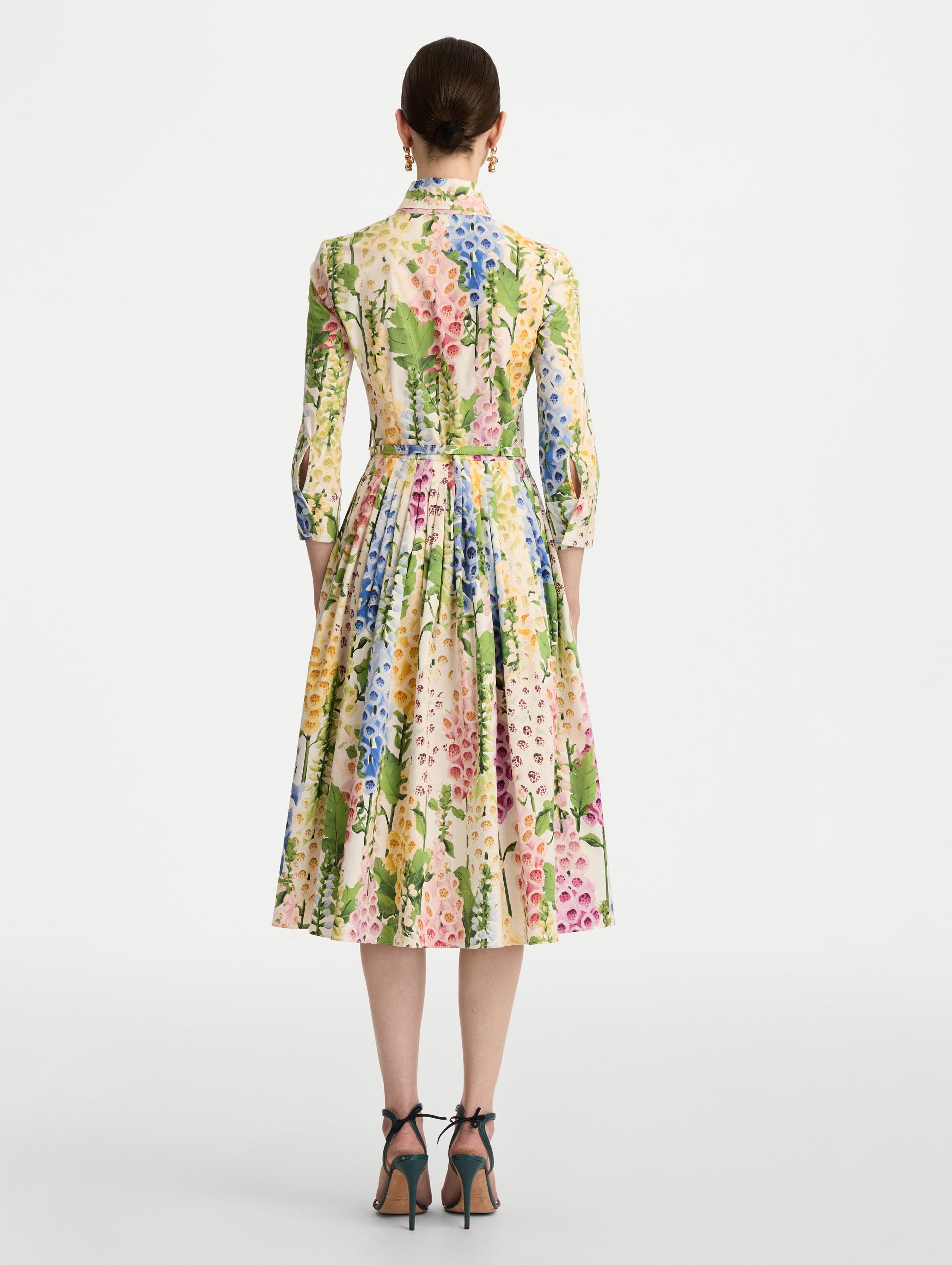 White Foxglove Cotton Poplin Tie-Neck Dress with belted waist and three-quarter length sleeves. Back View.