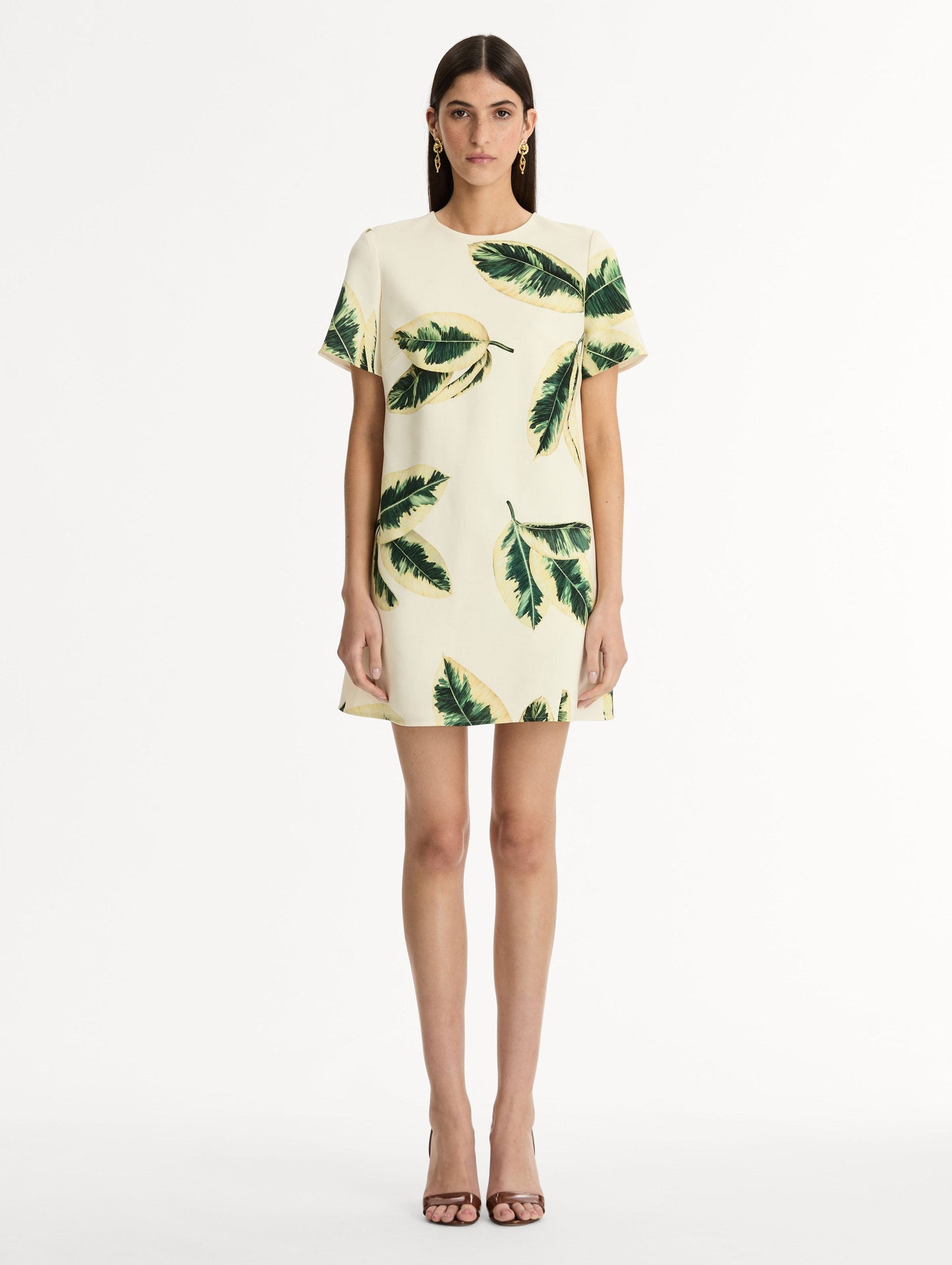 Short Sleeve Ficus Leaves Shift Mini Dress. Pocketed. Front View.
