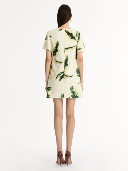 Short Sleeve Ficus Leaves Shift Mini Dress. Pocketed. Back View.