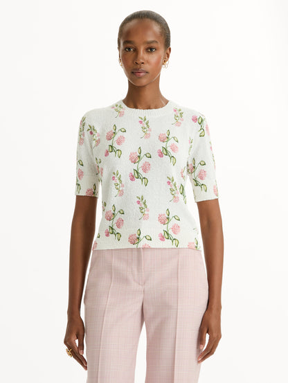 Porcelain Flower-Printed Embroidered White, Crew Neck Pullover. Front View.