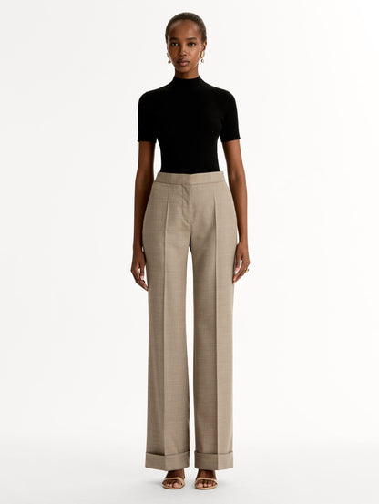High waisted, taupe Wool-Blend Wide-Leg Pant. Cuffed. Front View.