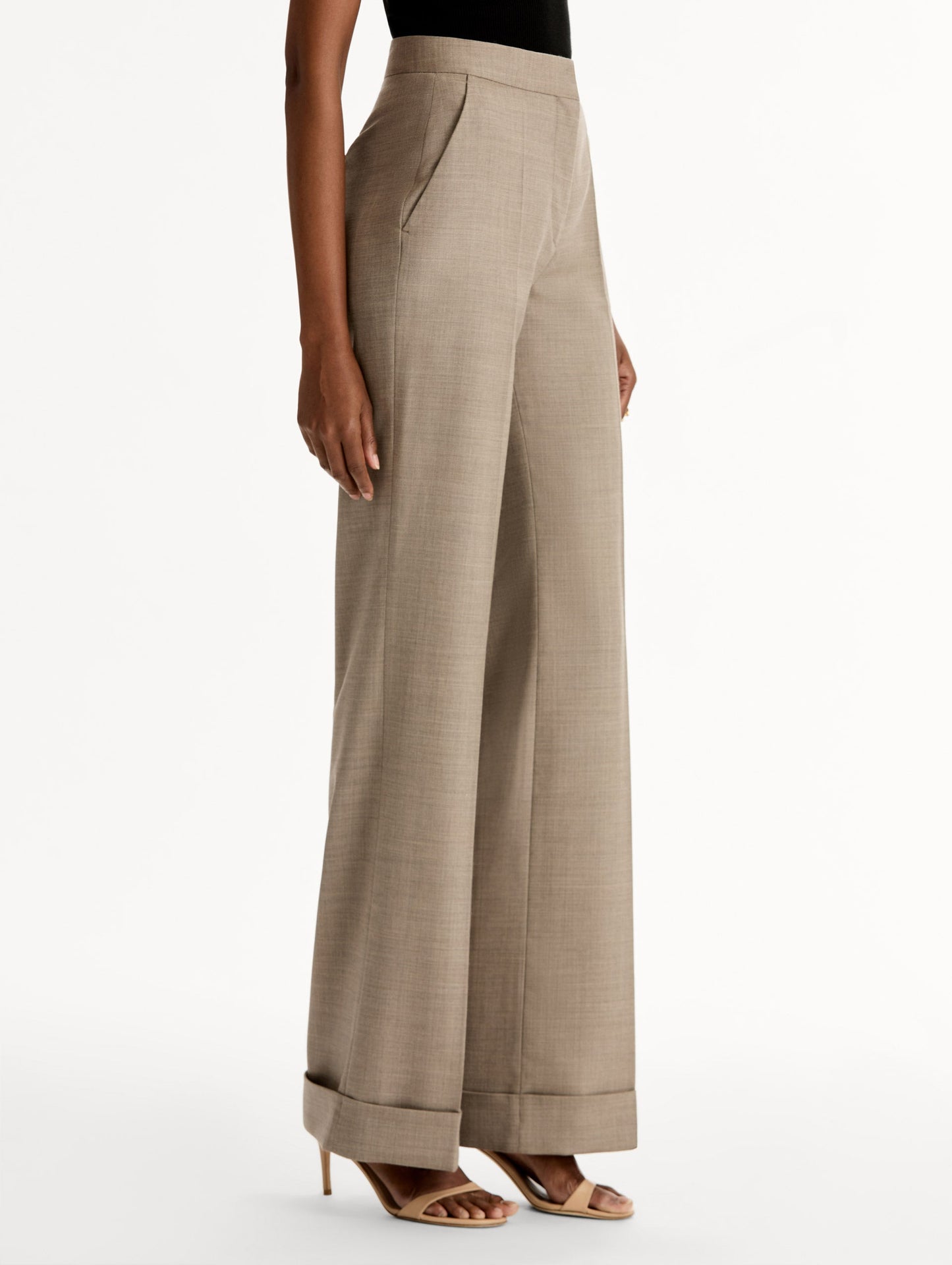 High waisted, Taupe Wool-Blend Wide-Leg Pant. Cuffed. Side View.