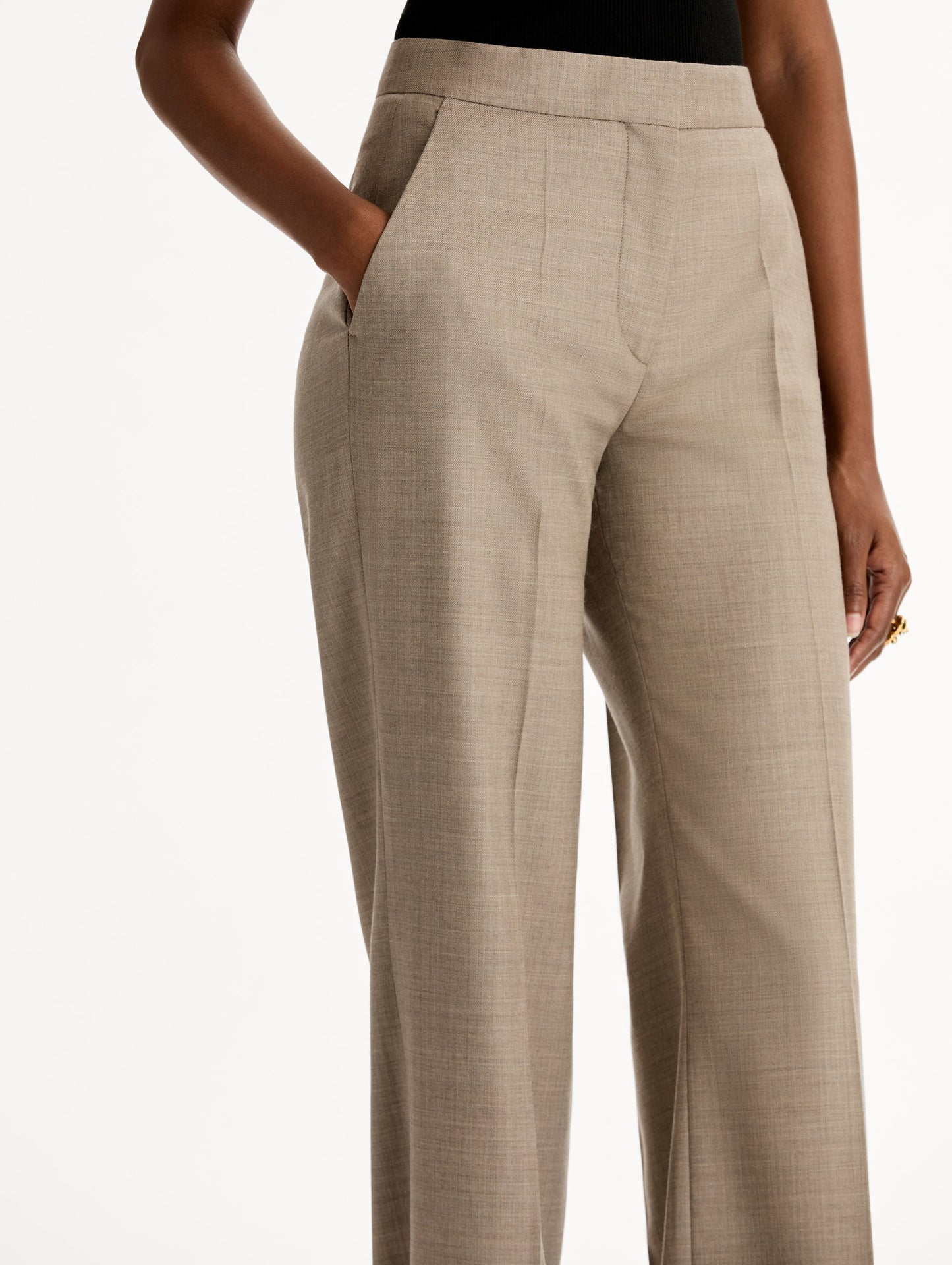 High waisted, Taupe Wool-Blend Wide-Leg Pant. Cuffed. Side View, Close Up.