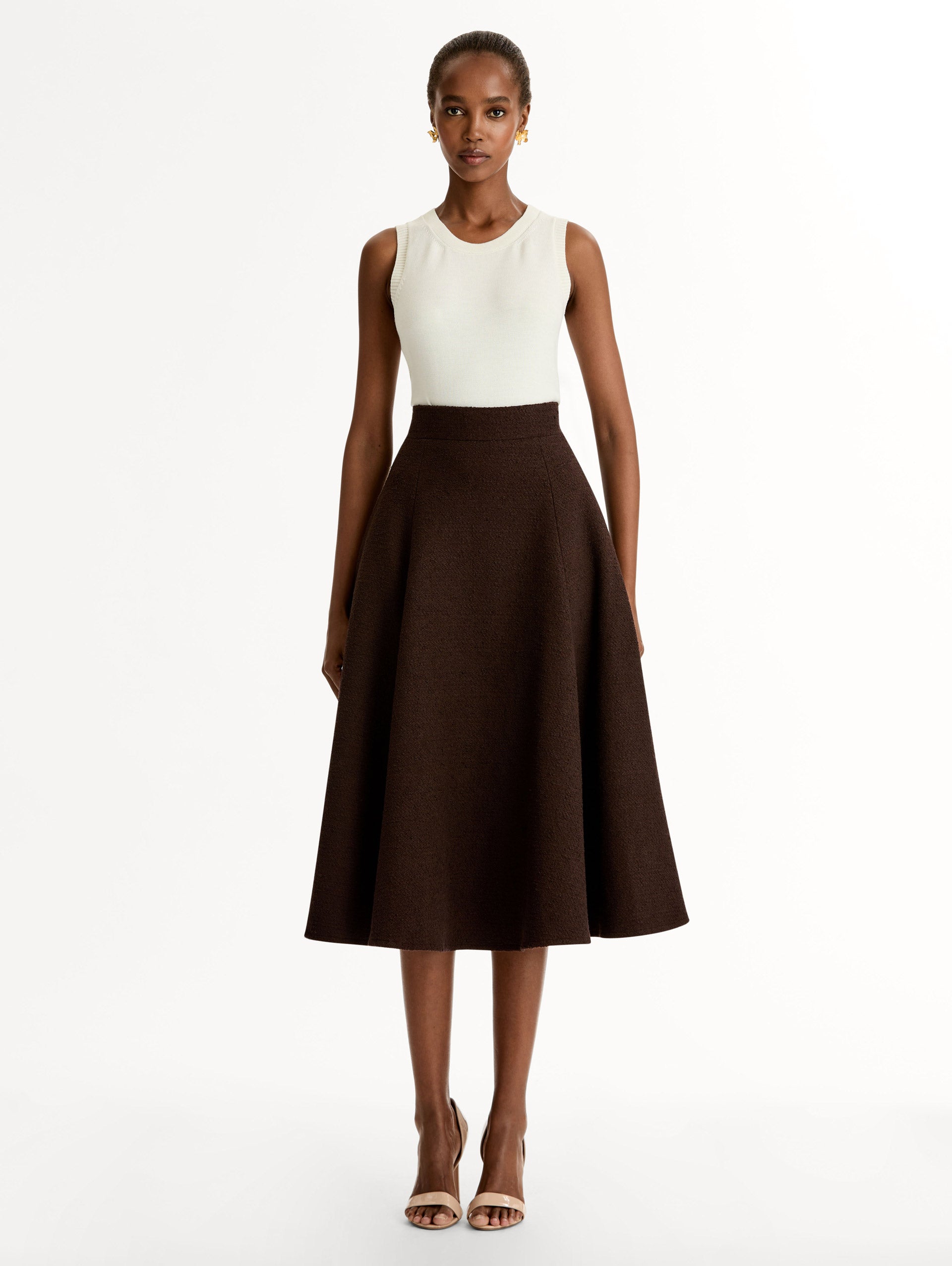 Chocolate Wool Tweed Pleated Skirt with pockets. High-waisted with Flared Fit. Front View.