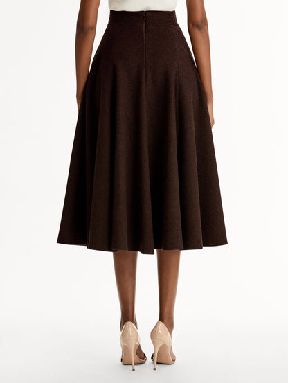 Chocolate Wool Tweed Pleated Skirt with pockets, High-waisted with Flared Fit. Back View.