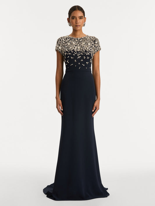 Navy Mosaic Crystal Embroidered Cady Gown with fitted embellished bodice and short sleeves. Front View.