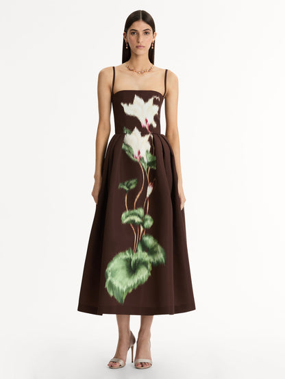 Chocolate Chiné Cyclamen Faille Cocktail Dress, Fitted Bodice, Delicate Straps, Full Skirt. Front View.