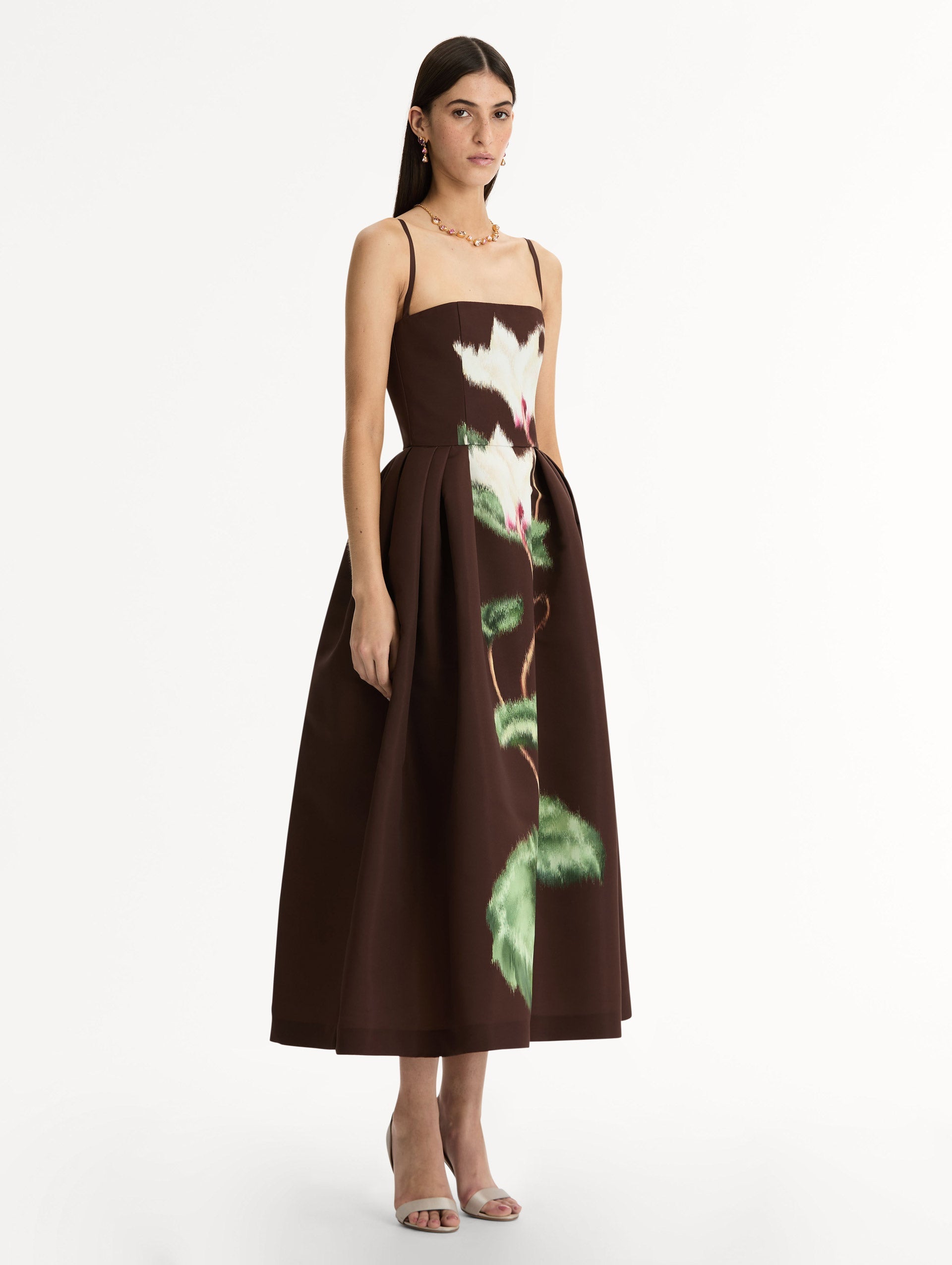 Chocolate Chiné Cyclamen Faille Cocktail Dress, Fitted Bodice, Delicate Straps, Full Skirt. Side View.