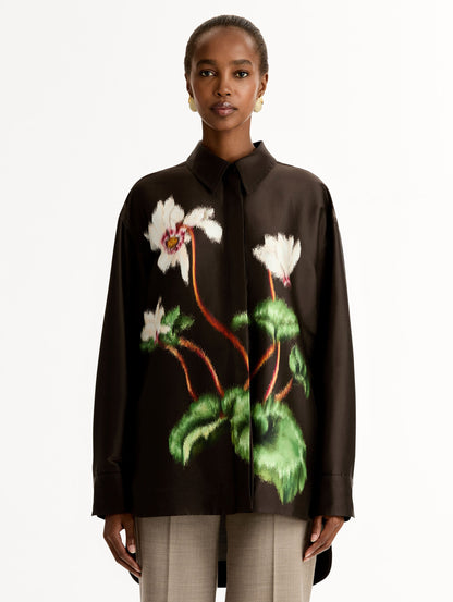 Chiné Cyclamen Silk Mikado Blouse, Long Sleeve, Espresso Button Up. Front View.