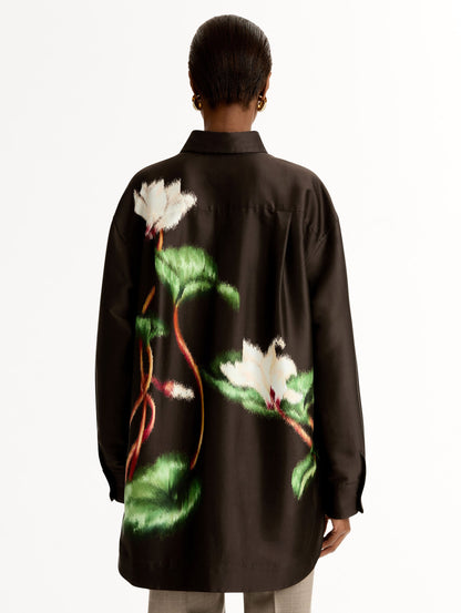 Chiné Cyclamen Silk Mikado Blouse, Long Sleeve, Espresso Button Up. Back View.
