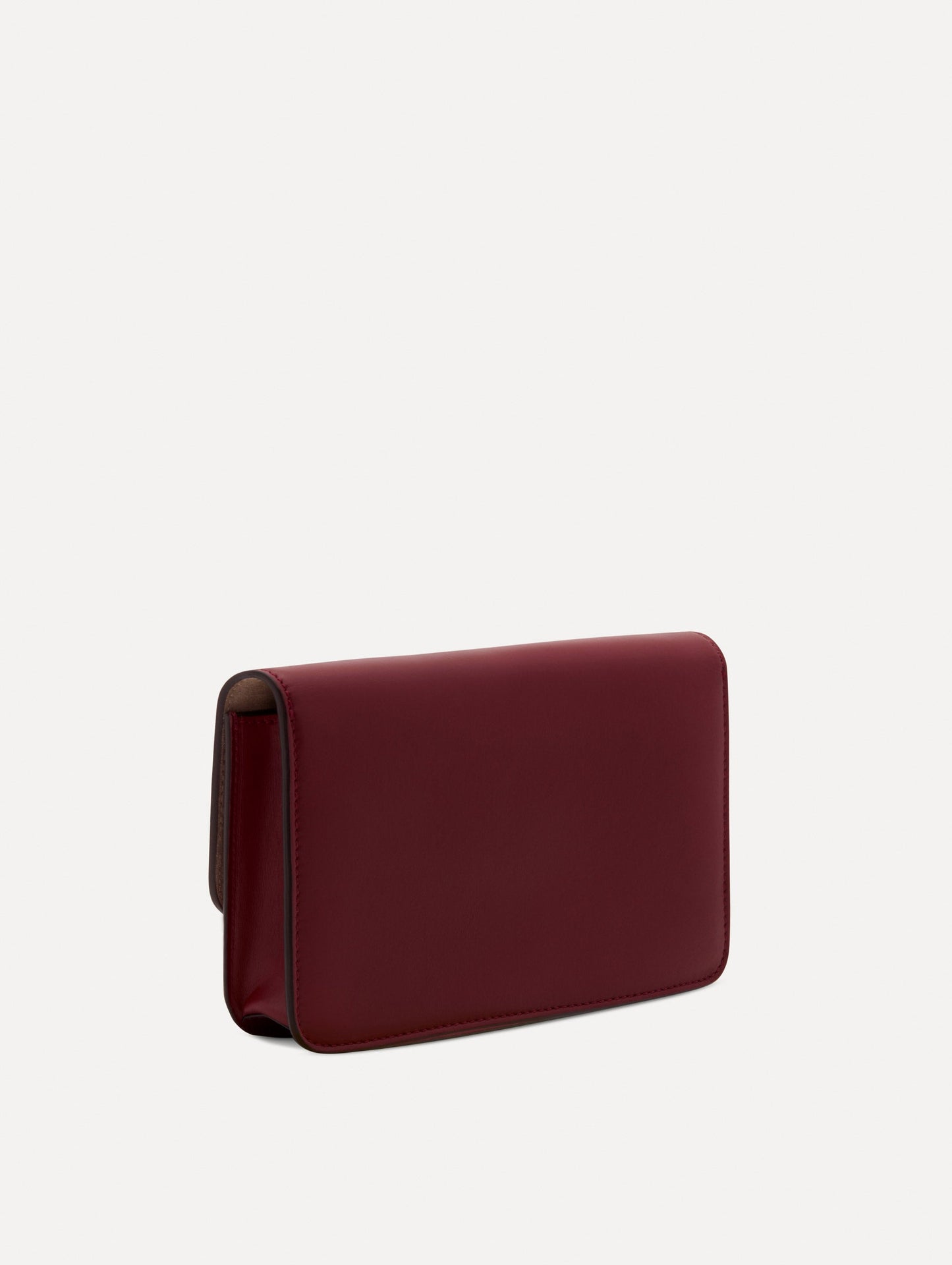 Maroon O Pochette with gold hardware and abstract O Clasp. Back View.