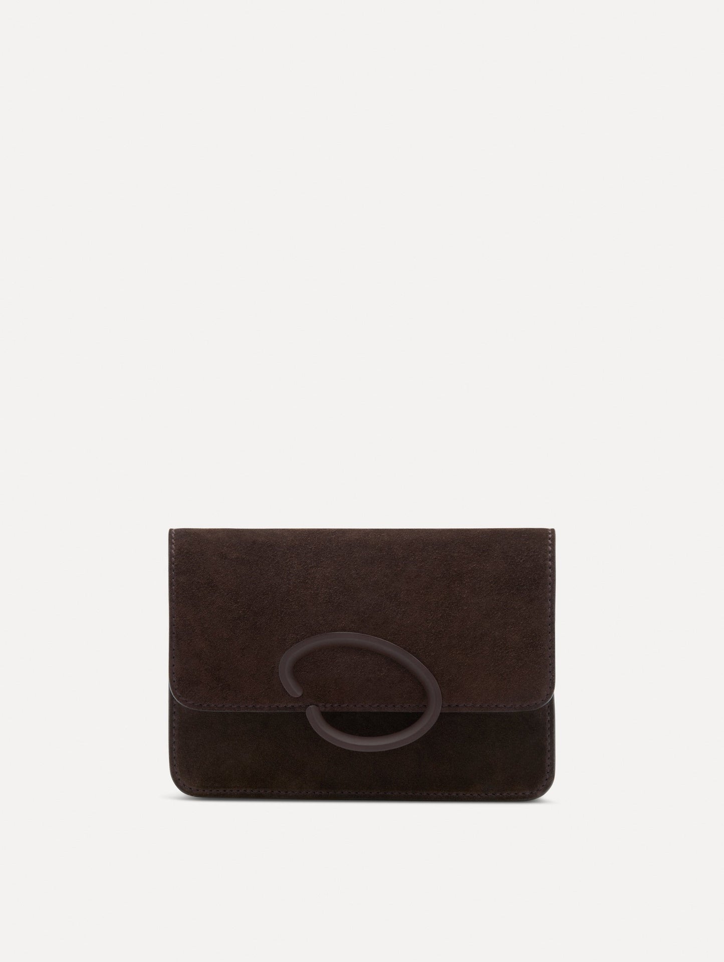 Brown O Pochette in Suede with gold strap and Brown abstract O Clasp. Front View.