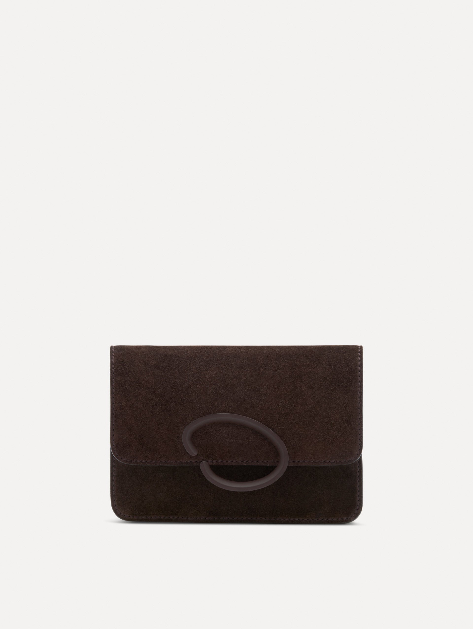 Brown O Pochette in Suede with gold strap and Brown abstract O Clasp. Front View.