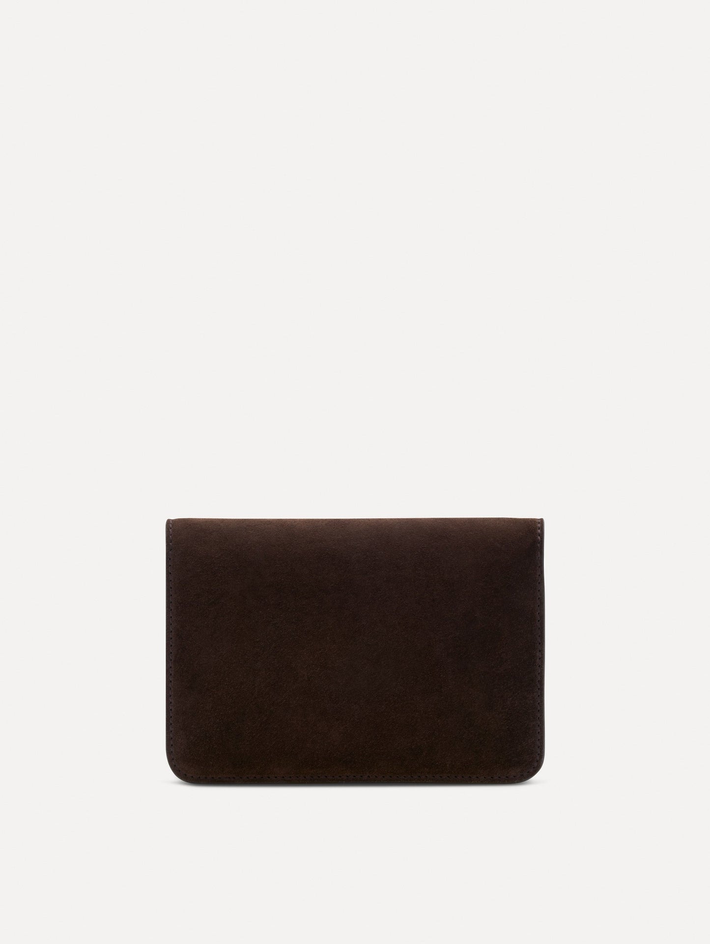 Brown O Pochette in Suede with gold strap and Brown abstract O Clasp. Back View.